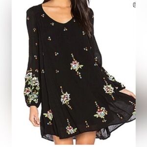 Free People Black Floral Embroidered Long-Sleeve Swing Dress